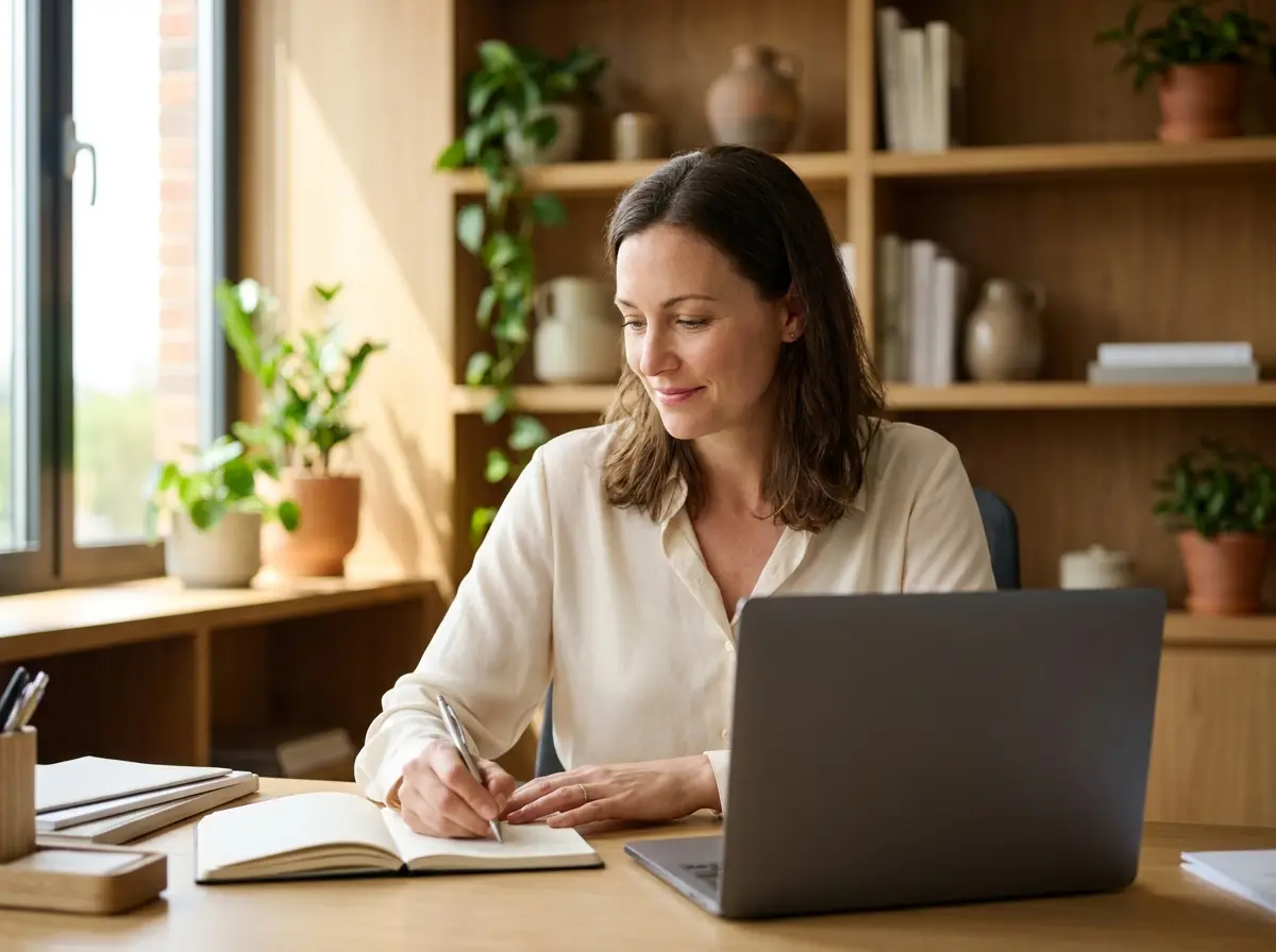 Therapist reviewing session documentation in her private practice office